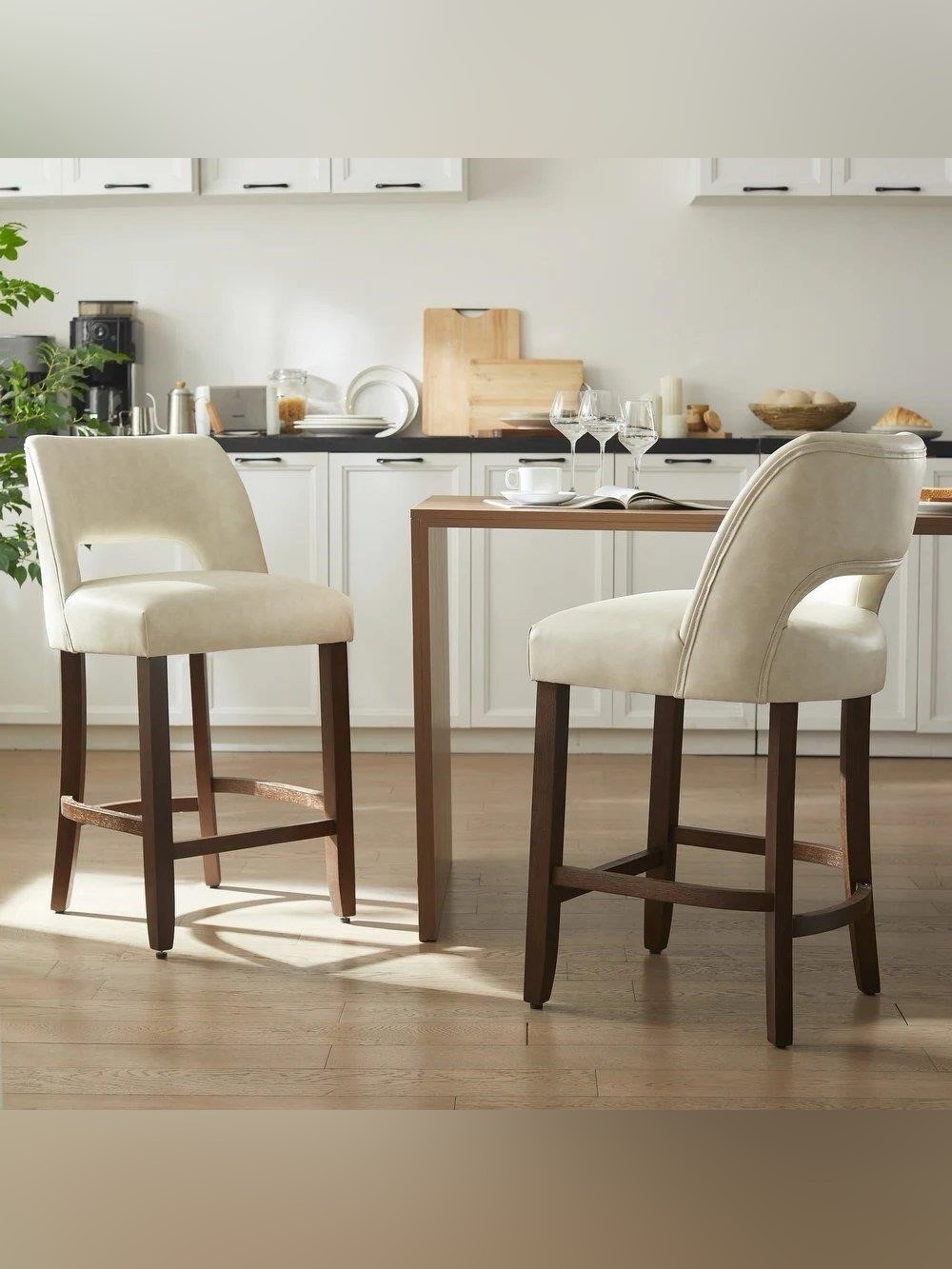 New- 2 Wood Legs Faux Leather Bar Stools with Footrest/Counter Stools